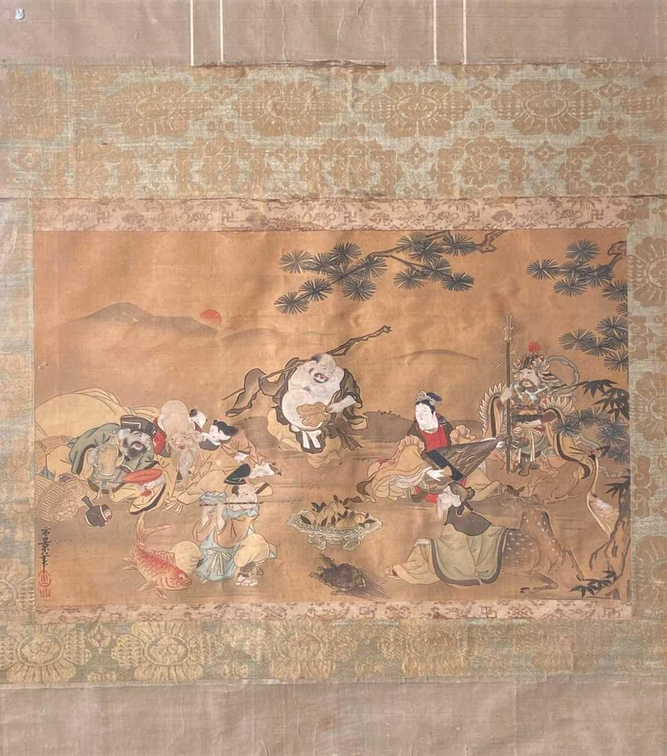 A Japanese painting on silk depicting the seven gods of good fortune, gathered beneath pine (1 of 11)