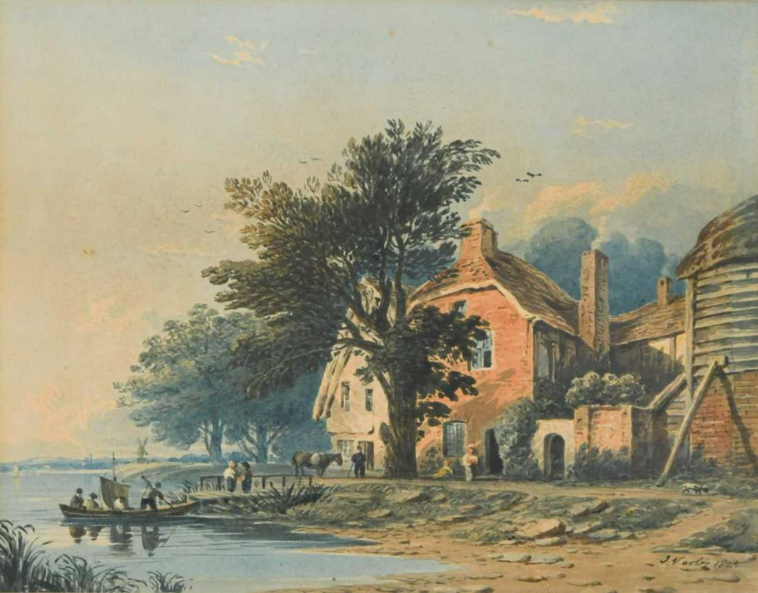 John Varley, OWS (1778-1842) Ferry docking by a village quay; together with two small landscape: John Varley, OWS (1778-1842) Ferry docking by a village quay; together with two small landscape sketches all signed 'J Varley' watercolours on paper largest 17 x 22cm; 9 x 13.5cm (3) Framed dimensions