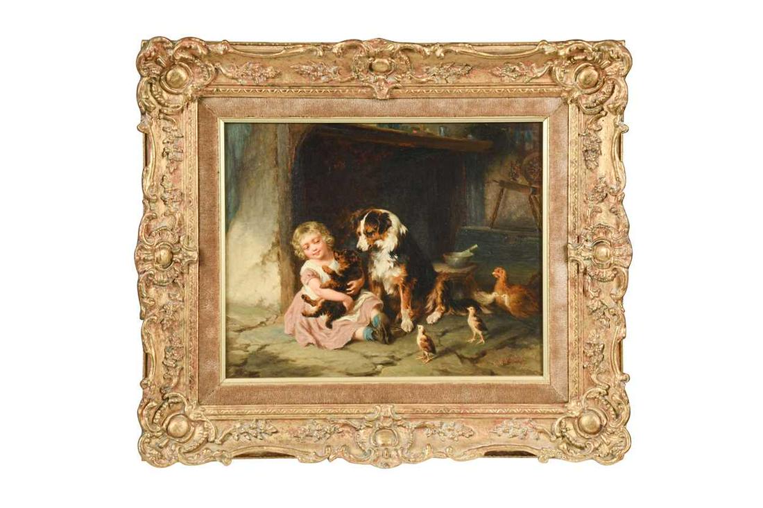 George Augustus Holmes (1822â€“1911) A girl playing with a puppy with a Border Collie and chickens (1 of 9)