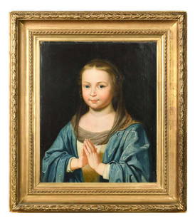 After Philippe de Champaigne A young girl at prayer oil on canvas 44.5 x 36.5cm After the original: After Philippe de Champaigne A young girl at prayer oil on canvas 44.5 x 36.5cm After the original by Philippe de Champaigne, known as Petite fille aux mains jointes, that entered the Louvre in 1794.