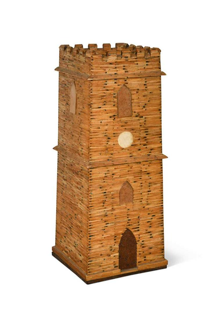 A folk-art matchstick money box, possibly prisoner-of-war, 20th century, modelled as a clock tower (1 of 6)