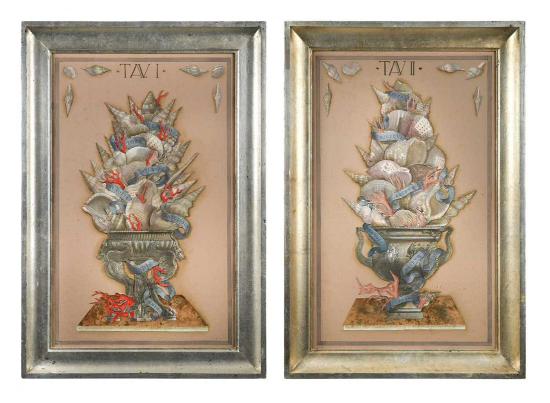 A pair of contemporary assembled collages of shells and corals within urns, 20th century, (1 of 3)