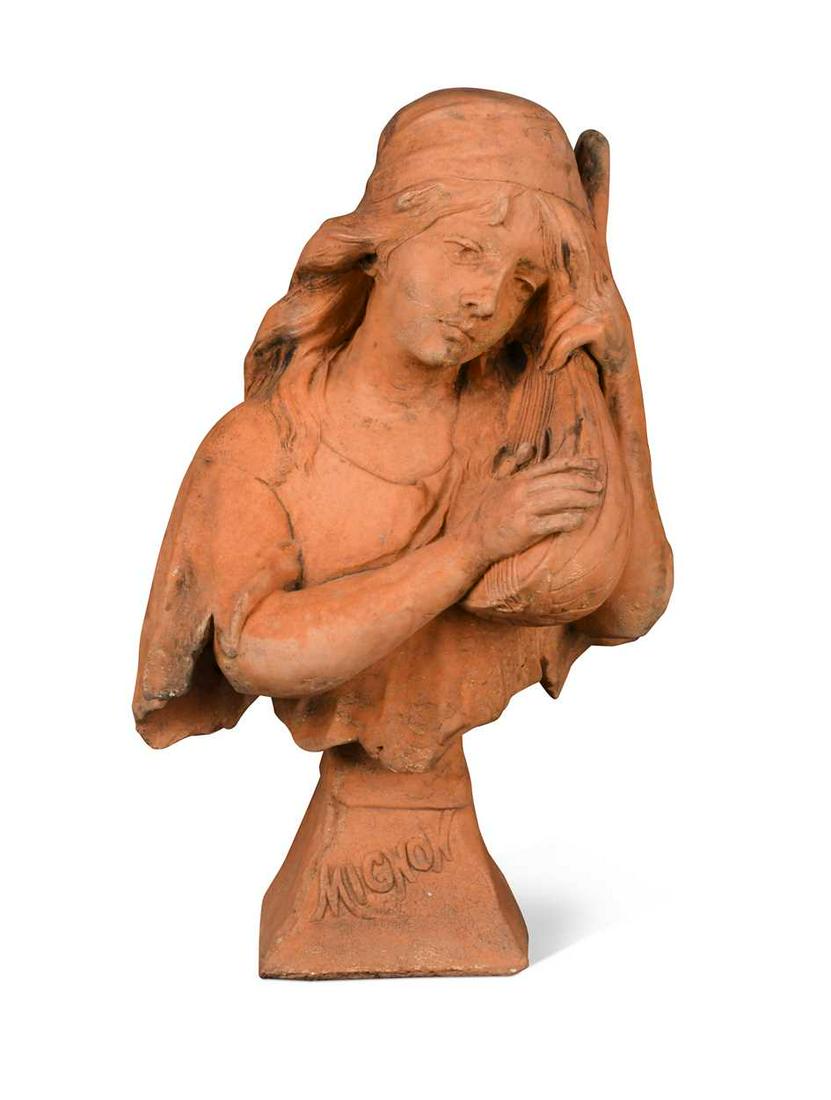 After Gustave van Vaerenbergh (Belgian, 1873â€“1927), Mignon, a terracotta bust of a female mandolin: After Gustave van Vaerenbergh (Belgian, 1873â€“1927), Mignon, a terracotta bust of a female mandolin player, titled to socle base 55cm high