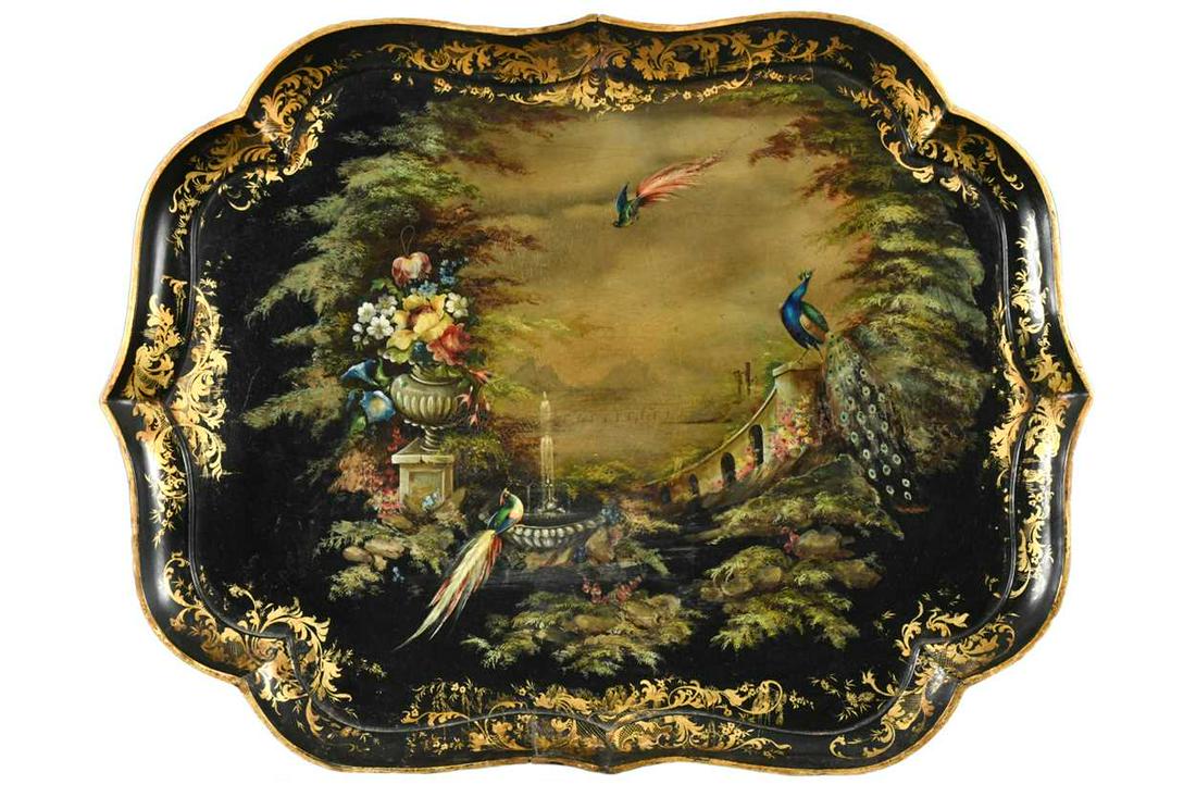 A large Victorian painted papier machÃ© tray, centrally decorated with peacocks and flowers within a (1 of 8)