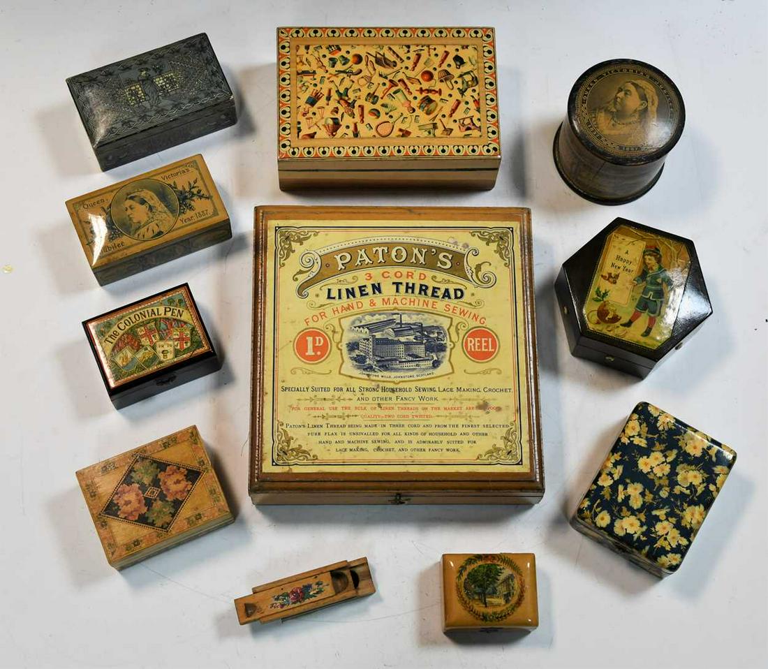 A Paton's linen thread reel box, circa 1900, containing forty assorted old cotton reels, 21cm wide;: A Paton's linen thread reel box, circa 1900, containing forty assorted old cotton reels, 21cm wide; together with ten other decorative boxes including some string reel pen and watch boxes, with two co