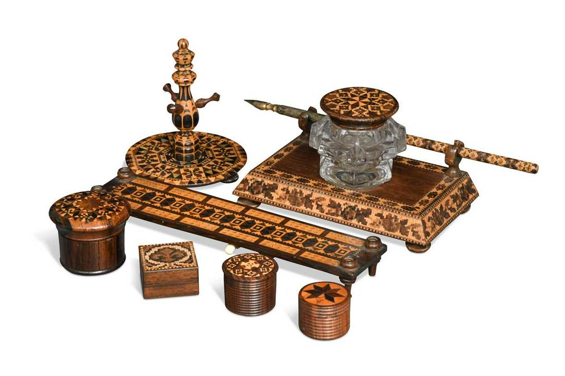 A Tunbridgeware ring tree, 9.5cm high; together with a cribbage board, 9cm long and an ink stand: A Tunbridgeware ring tree, 9.5cm high; together with a cribbage board, 9cm long and an ink stand with single mould glass inkwell, cover and pen,14cm wide and four other small decorative boxes includin