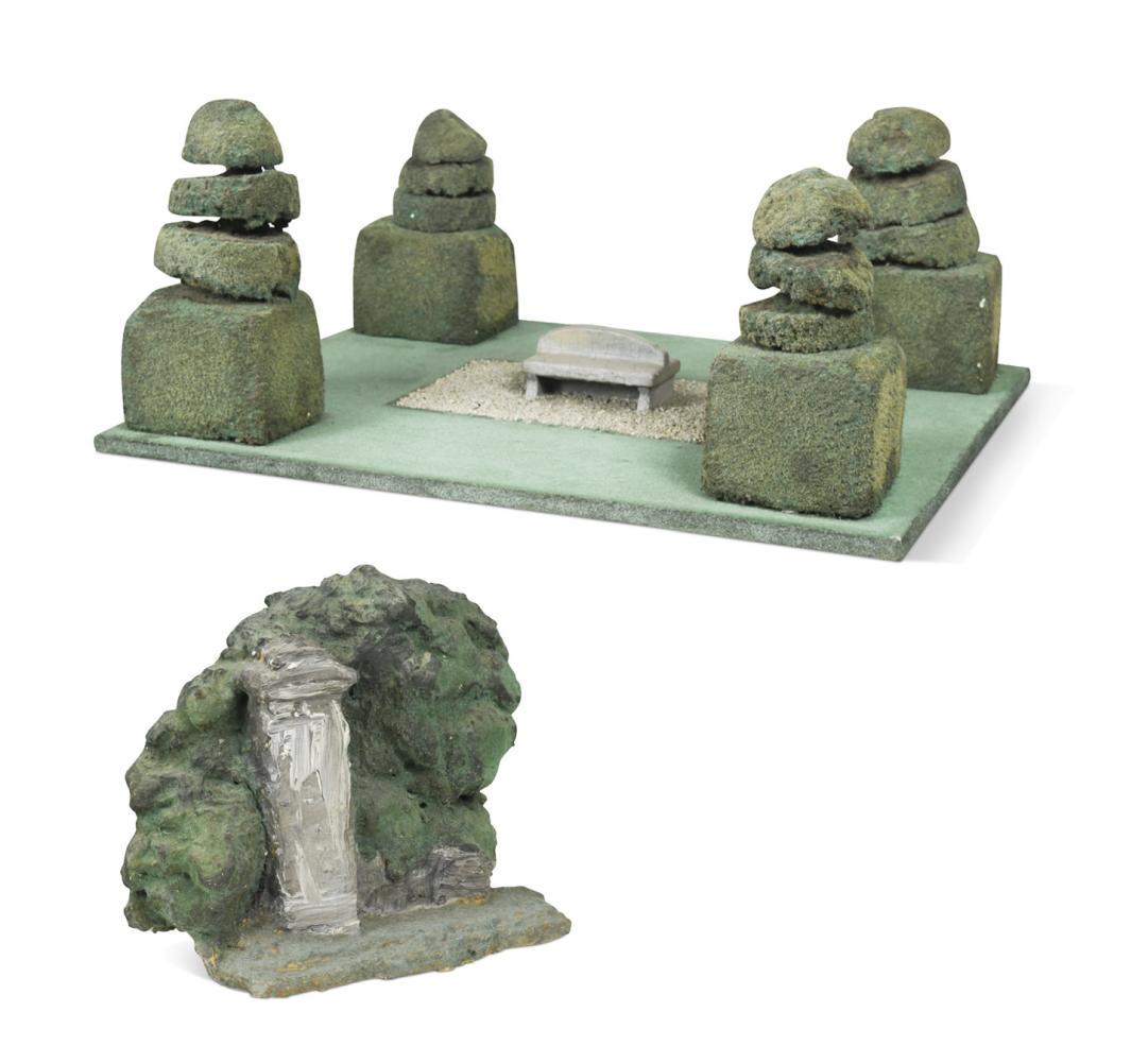 § Ivor Abrahams RA (1935-2015), two architectural garden models,: § Ivor Abrahams RA (1935-2015), two architectural garden models, the first of a formal garden with central bench, mounted to a hardboard base 25 x 61 x 49cm the second, possibly an insertion for