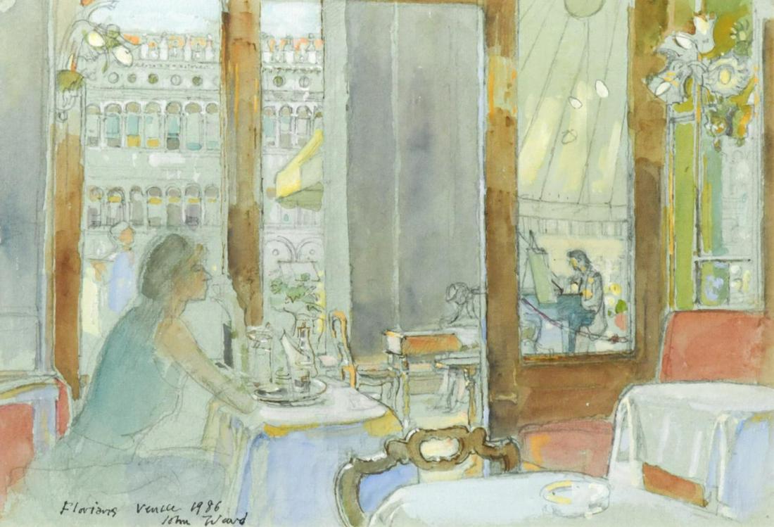 § John Stanton Ward CBE, RA, RWS, VPRP, NEAC (1917-2007): Â§ John Stanton Ward CBE, RA, RWS, VPRP, NEAC (1917-2007) Florian's, Looking Out Towards the Piazza inscribed, signed and dated 'Florian's Venice 1986, John Ward' (lower left) pencil and watercolour