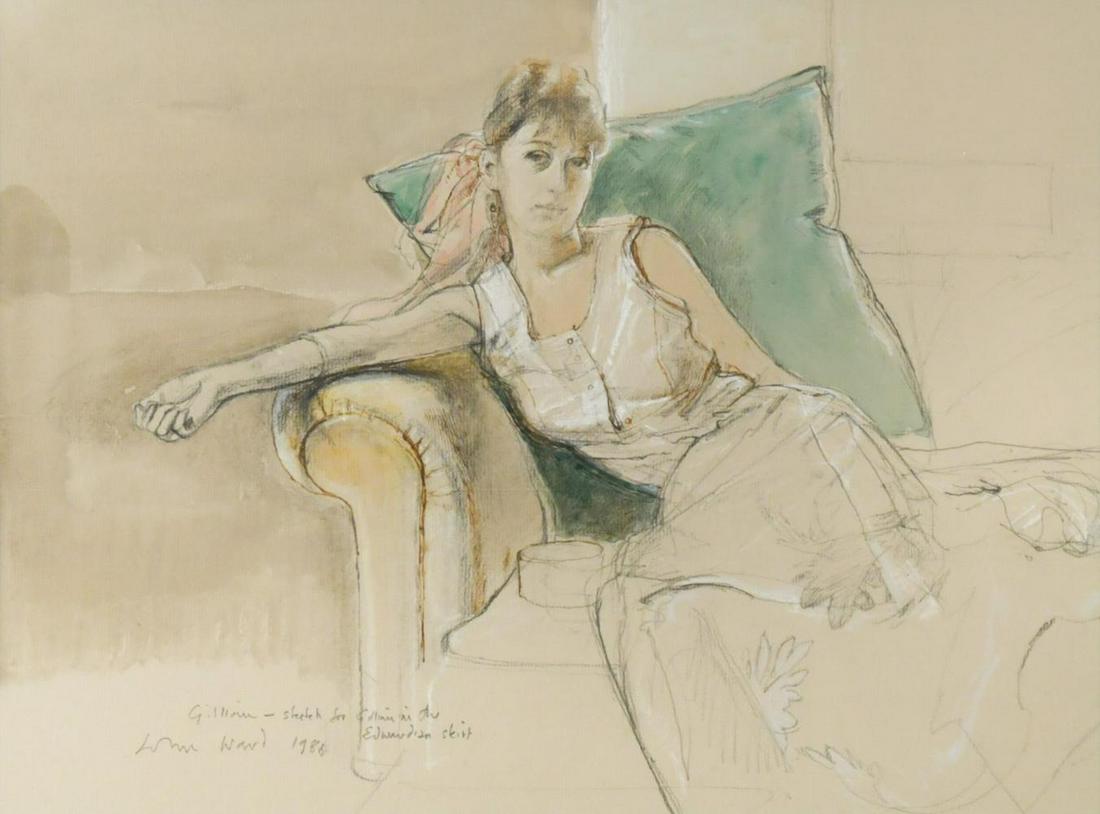 § John Stanton Ward CBE, RA, RWS, VPRP, NEAC (1917-2007): § John Stanton Ward CBE, RA, RWS, VPRP, NEAC (1917-2007) Gillian - sketch for Gillian in the Edwardian Wedding Skirt titled, signed and dated 'John Ward 1988' (lower left) pencil and watercolour