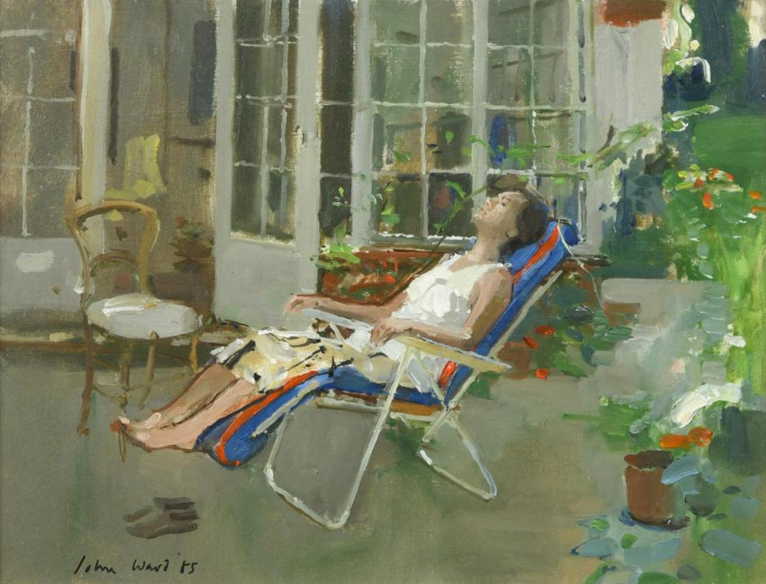 § John Stanton Ward CBE, RA, RWS, VPRP, NEAC (1917-2007): § John Stanton Ward CBE, RA, RWS, VPRP, NEAC (1917-2007) Girl asleep outside the backdoor signed and dated 'John Ward '85' (lower left); titled and inscribed to paper label on the reverse oil on