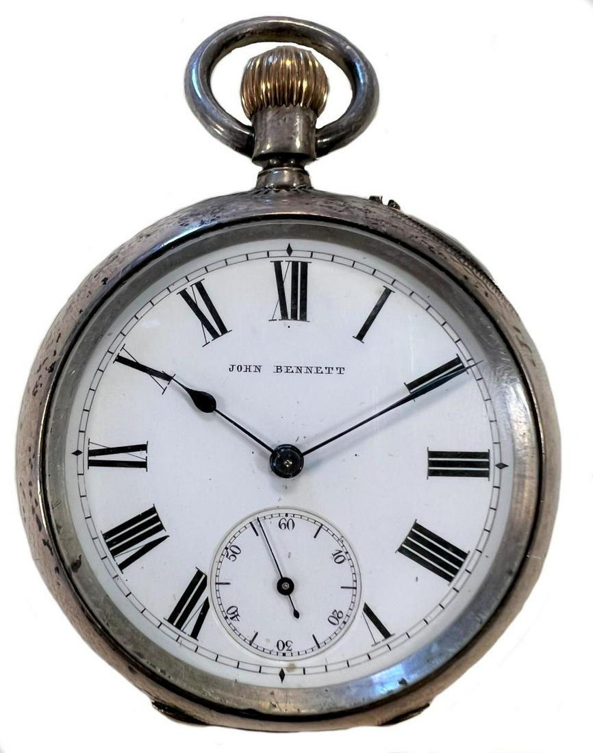 John Bennett, London - A Victorian fine silver open faced pocket watch, circa 1884, the signed white: John Bennett, London - A Victorian fine silver open faced pocket watch, circa 1884, the signed white dial, 42mm diameter, with black Roman numerals, blued spade and whip hands, subsidiary seconds regi