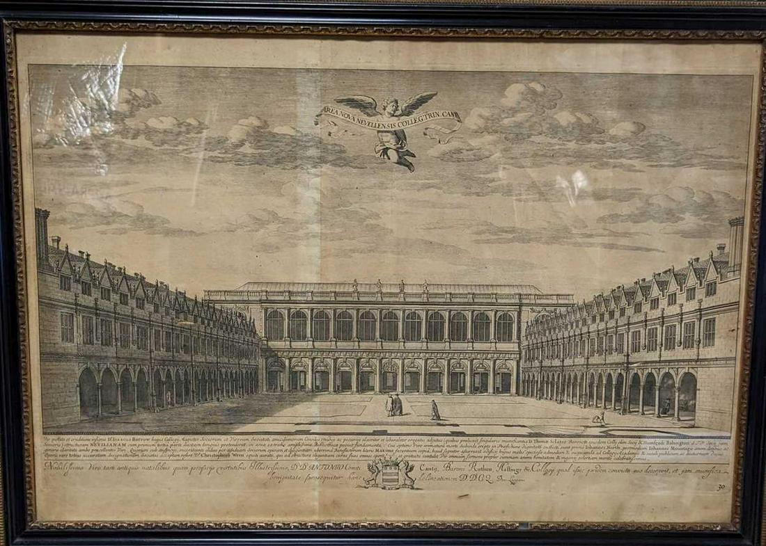 David Loggan Area Nova Nevellensis Colleg. Trin. Cant - Nevile's Court, Trinity College, Cambridge,: David Loggan Area Nova Nevellensis Colleg. Trin. Cant - Nevile's Court, Trinity College, Cambridge, engraving, 1690, 39 x 57.5cm; Together with, one book leaf of Huntingdonshire, a map of Essex and an