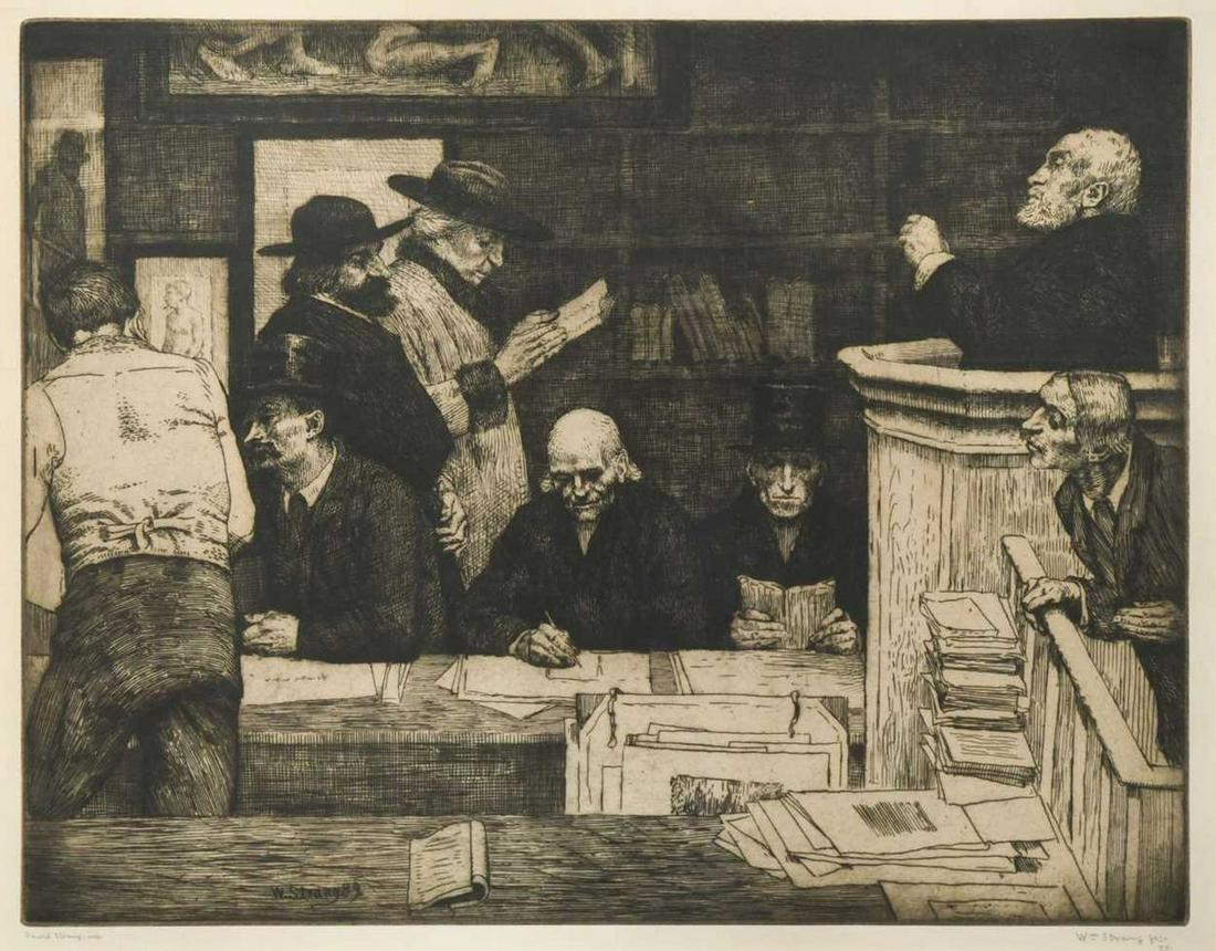 William Strang (1859-1921) A Sale of Prints at Sotheby's, etching, signed below by the artist and: William Strang (1859-1921) A Sale of Prints at Sotheby's, etching, signed below by the artist and David Strang, 40.5 x 32cm (visible)