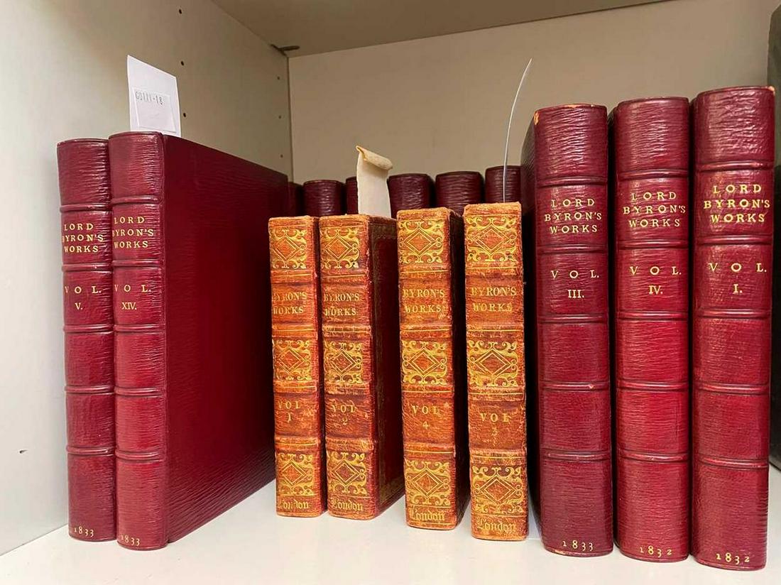 BYRON (Lord George) Works, by Thomas Moore, 16 vols (of 17; lacks vol. 8), John Murray 1832, 12mo,: BYRON (Lord George) Works, by Thomas Moore, 16 vols (of 17; lacks vol. 8), John Murray 1832, 12mo, plates, straight grain red morocco; Works, in 4 vols., John Murray 1829, small 12mo, frontispieces, s