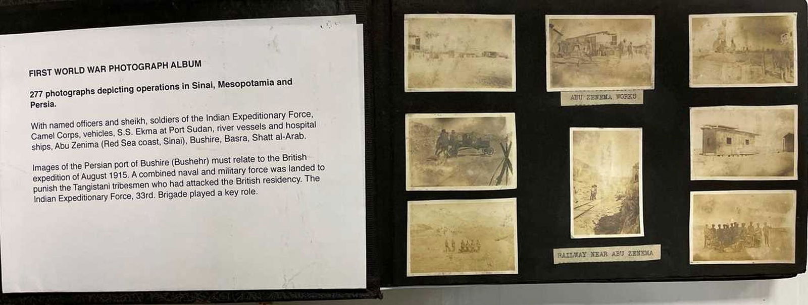 World War One photograph album, of 277 photographs depicting operations in Sinai, Mesopotamia and (1 of 6)