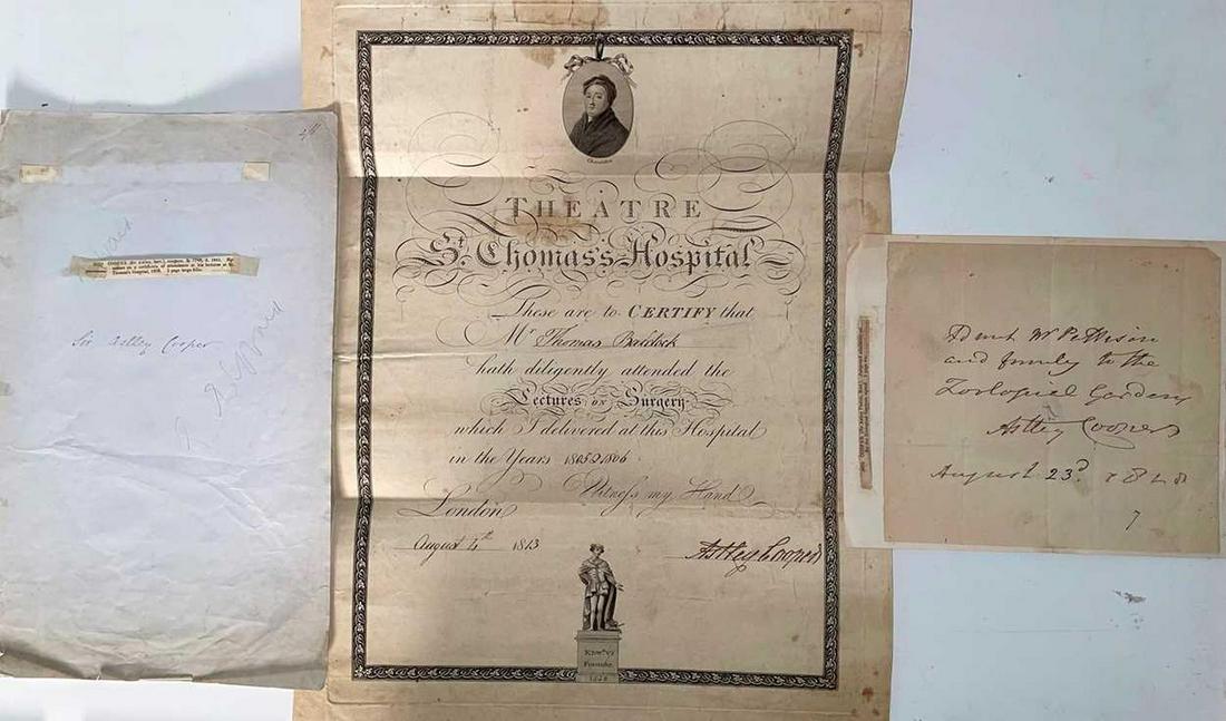 COOPER (Sir Astley Cooper; 1768-1841) Theatre St. Thomasâ€™s Hospital, certificate awarded to Thomas: COOPER (Sir Astley Cooper; 1768-1841) Theatre St. Thomasâ€™s Hospital, certificate awarded to Thomas Baldock for attending Lectures on Surgery 1805/1806, signed by Cooper and dated August 4th 181