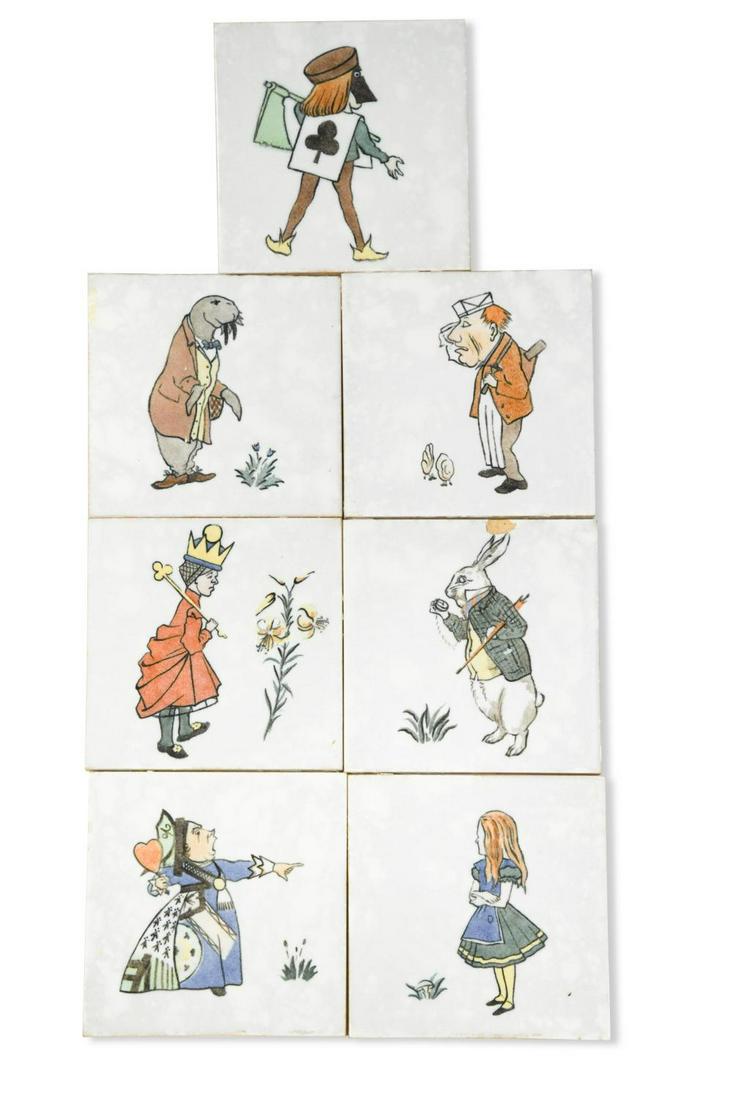 Minton, after Charles Francis Annesley Voysey, a set of eight Alice in Wonderland tiles,: Minton, after Charles Francis Annesley Voysey, a set of eight Alice in Wonderland tiles, each dust pressed tile illustrated with a character from the book, impressed marks to underside 15.5 x 15.5cm