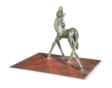 § Patrick O'Reilly (1957-), Prancing Foal,: § Patrick O'Reilly (1957-), Prancing Foal, a patinated and impressionistically modelled sculpture of a foal, mounted to integral bronze base, signed and numbered 1/1 to the tail 30 x 39 x 30cm, i