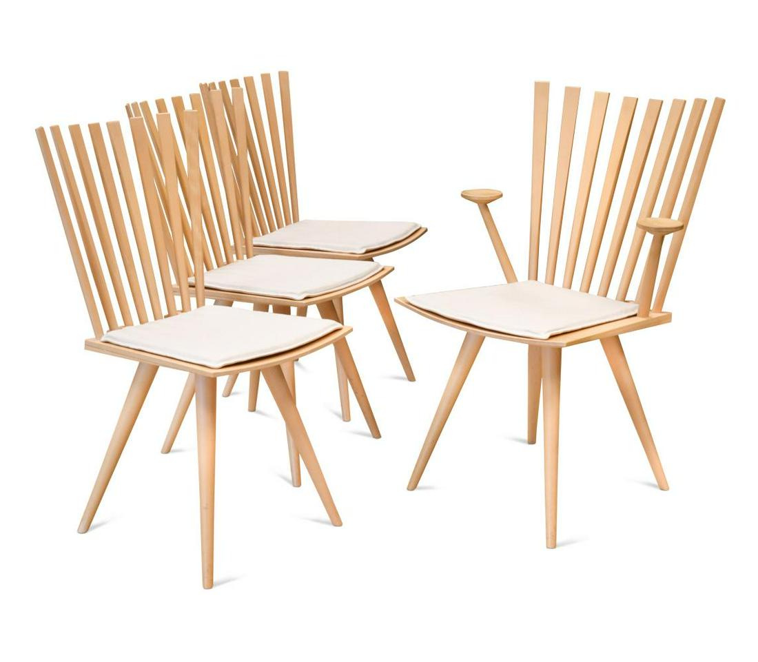 Johannes Foersom & Peter Hiort-Lorenzen for Fredericia Stolefabrik, a set of four Mikado chairs,: Johannes Foersom & Peter Hiort-Lorenzen for Fredericia Stolefabrik, a set of four Mikado chairs, comprising one elbow and three single chairs of beech and walnut construction with loose leather and fa