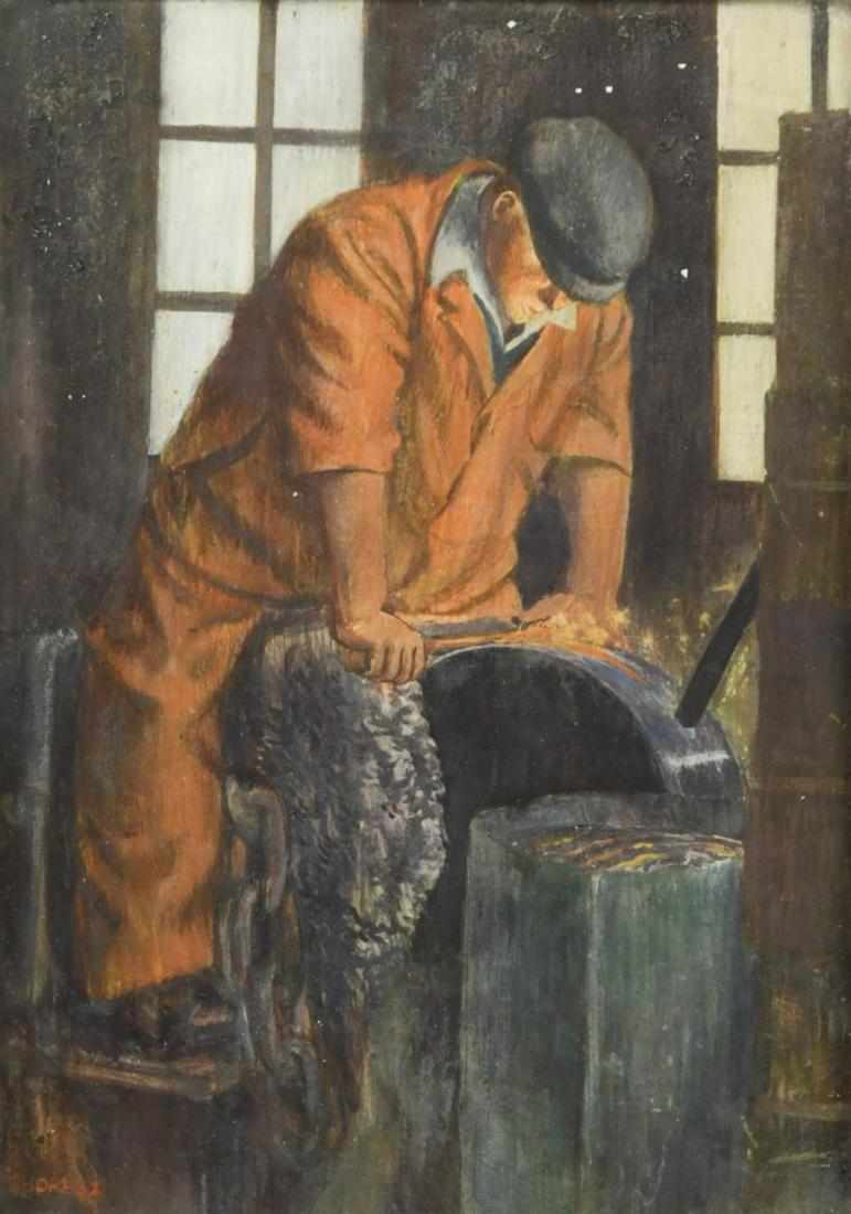 Circle of Reginald Brill (1902-1974): Circle of Reginald Brill (1902-1974) Workman in an interior signed and dated 'SHORE 32' (lower left) tempera on board 18 x 13cm