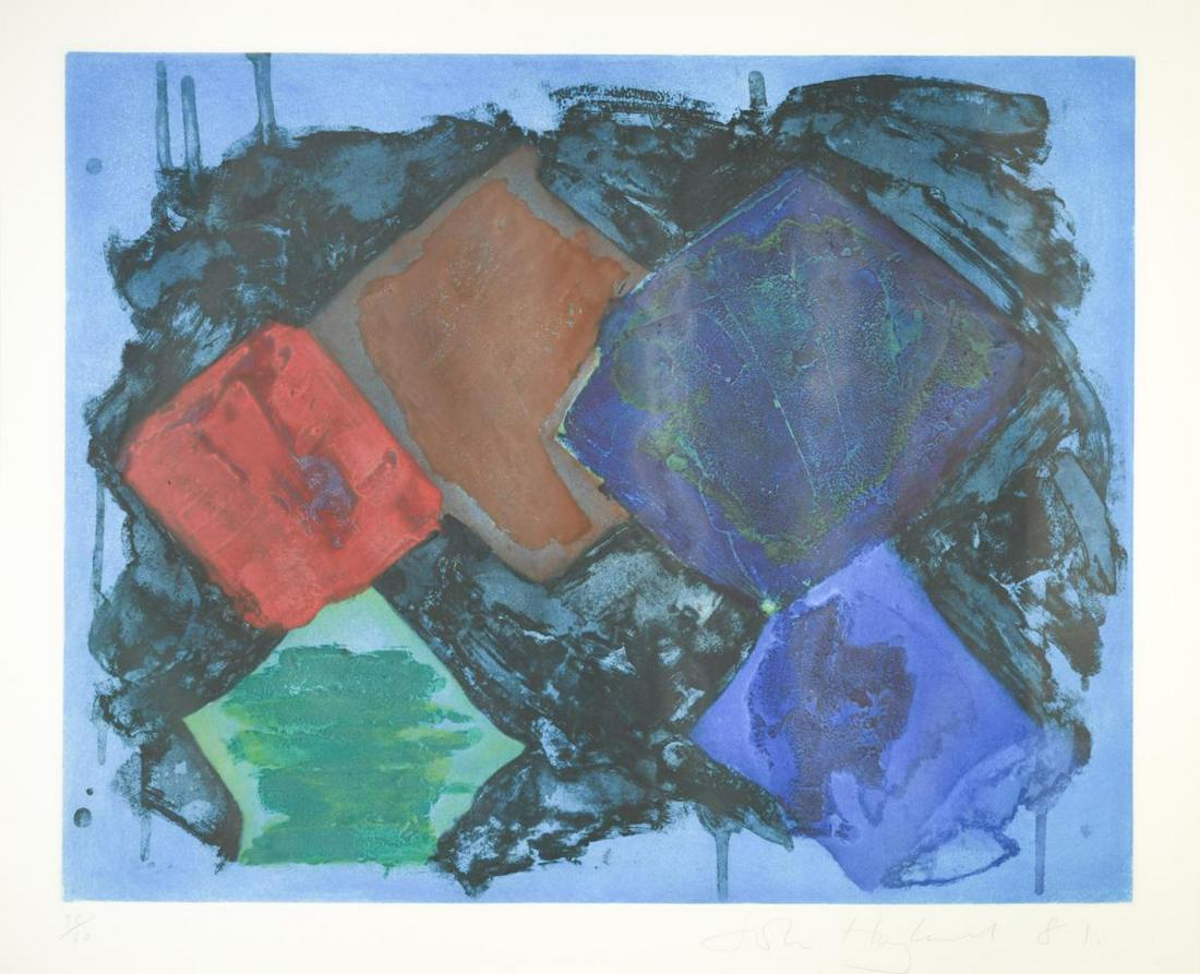 § John Hoyland RA (1934-2011): § John Hoyland RA (1934-2011) Night Music signed and dated 'John Hoyland 81' (lower right); numbered 38/60 etching and aquatint 66 x 80cm Provenance: Collection of Michael Black (1928-2022)