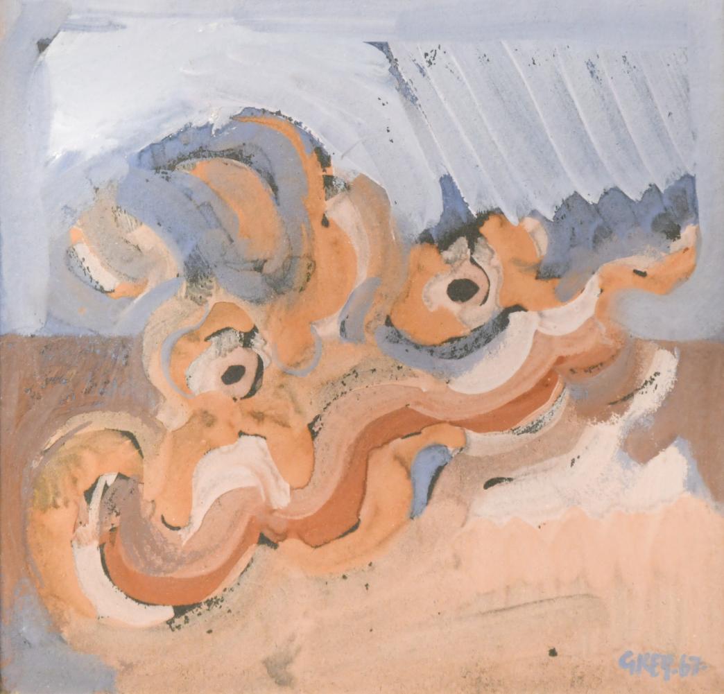 § Geoffrey Key (1941-): § Geoffrey Key (1941-) Abstracted forms in orange and lilac signed and dated 'GKEY.67.' (lower right) gouache 18 x 18cm