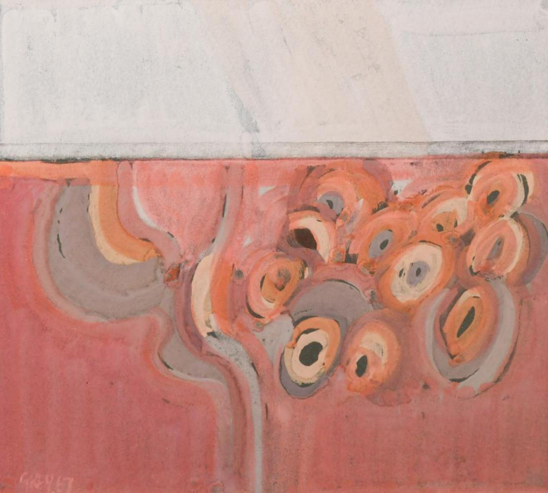 § Geoffrey Key (1941-): § Geoffrey Key (1941-) Abstracted forms in pink signed 'GKEY.67' (lower left) gouache 18 x 18cm