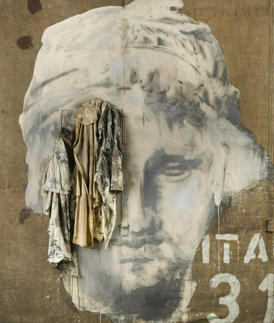 § Luca Pignatelli (1962-): § Luca Pignatelli (1962-) L'eroë Piangente signed and dated 1998 to the reverse acrylic and cloth collage on burlap, unframed 171 x 147cm Provenance: Collection of the late Sir Georg and Lad