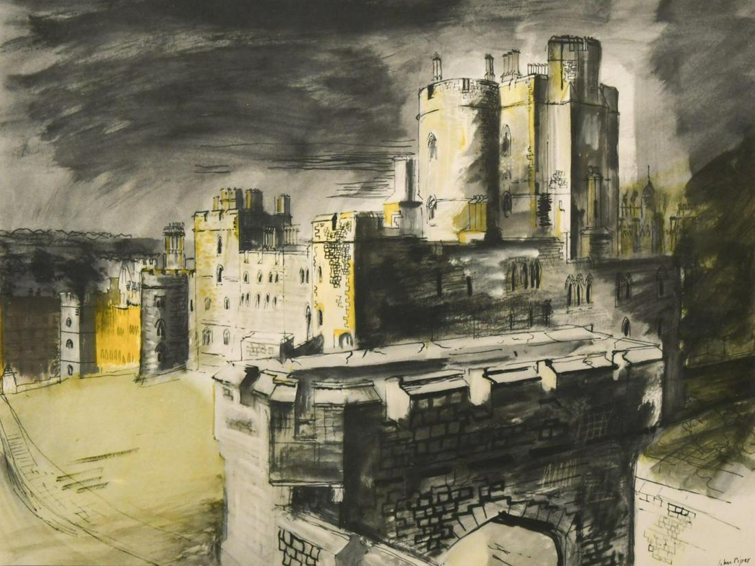 § John Piper OM, CH (1903-1992): § John Piper OM, CH (1903-1992) Windsor Castle, 1948 offset lithograph, published by Penguin Prints, with publisher's original text 27 x 36cm