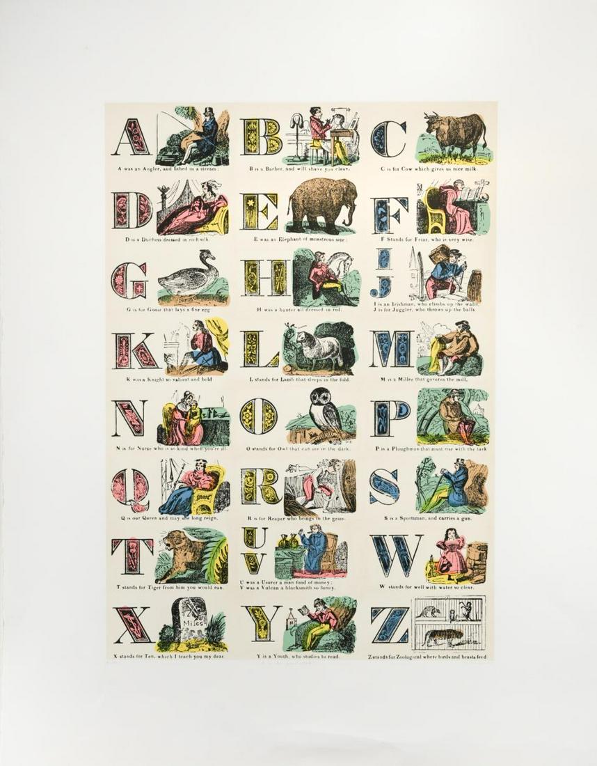 § Sir Peter Blake CBE, RDI, RA (1932-): § Sir Peter Blake CBE, RDI, RA (1932-) A for Alphabet signed 'Peter Blake' (lower right); numbered 61/95 silkscreen, unframed 102.5 x 77.5cm