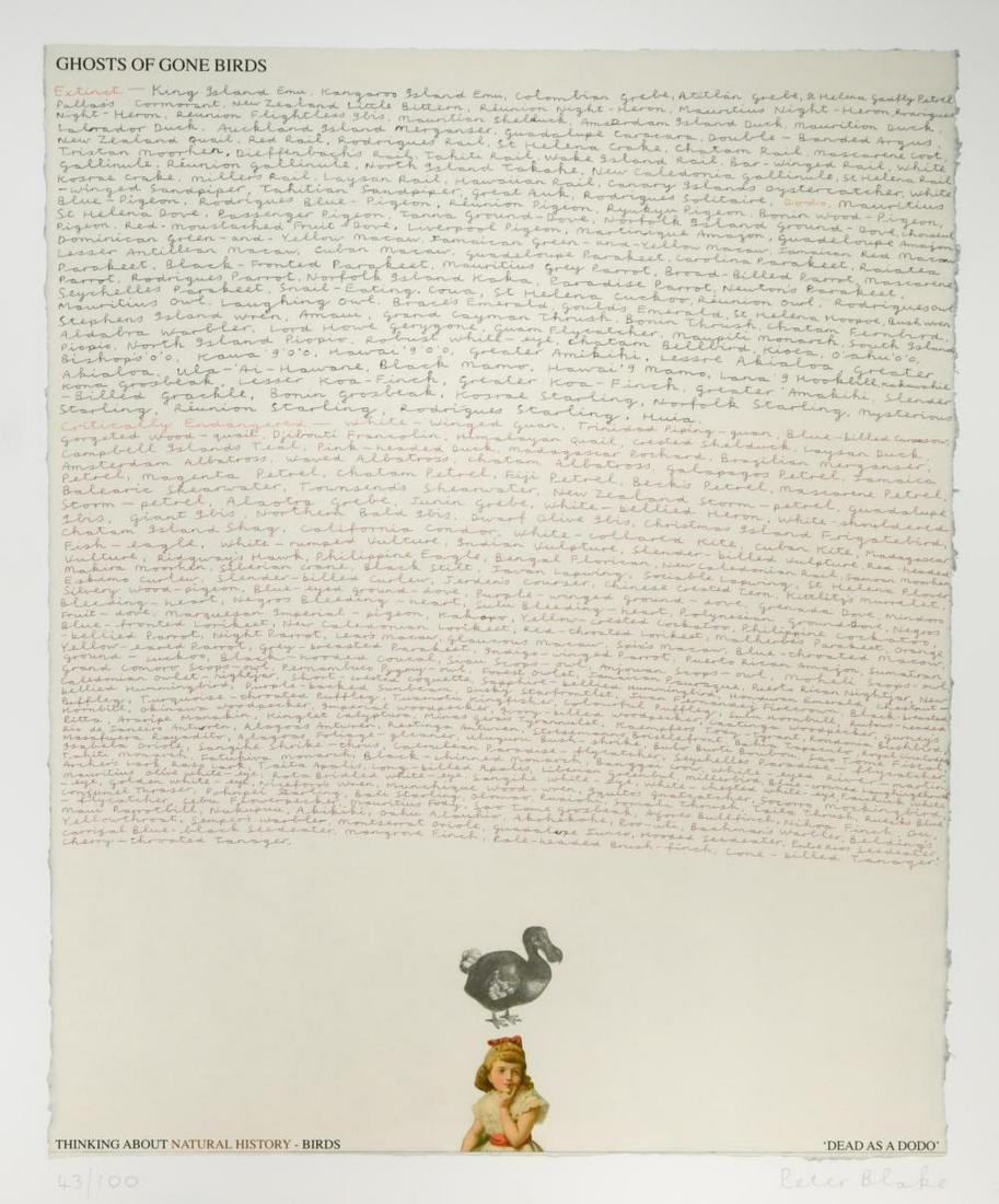 § Sir Peter Blake CBE, RDI, RA (1932-): § Sir Peter Blake CBE, RDI, RA (1932-) Dead as a Dodo; from the Ghosts of Gone Birds Suite signed 'Peter Blake' (lower right); numbered 43/100 lithograph, unframed 49 x 41cm