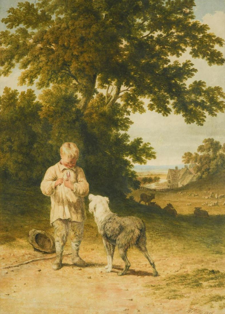 Robert Hills (1769â€“1844) A shepherd boy and his dog signed and dated 'R. Hills. 1816' (lower: Robert Hills (1769â€“1844) A shepherd boy and his dog signed and dated 'R. Hills. 1816' (lower right) watercolour on paper 42 x 30.5cm Provenance: Thomas Agnew & Sons Ltd, London Framed 62 x 49cm