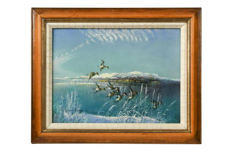 Â§ Vernon de Beauvoir Ward (1905-1985) Ducks in flight in a winter landscape signed 'Vernon Ward': Â§ Vernon de Beauvoir Ward (1905-1985) Ducks in flight in a winter landscape signed 'Vernon Ward' (lower left) oil on board 29 x 39cm