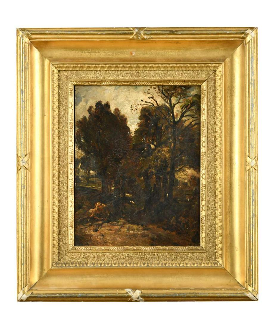 Manner of John Constable, RA View of a wooded lane oil on panel 25.5 x 20cm Framed 41.5 x 36.5cm: Manner of John Constable, RA View of a wooded lane oil on panel 25.5 x 20cm Framed 41.5 x 36.5cm