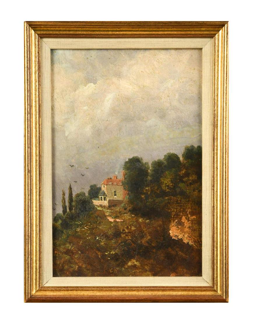 Follower of John Constable, RA View of a house, possibly at Hampstead, with two poplar trees to the: Follower of John Constable, RA View of a house, possibly at Hampstead, with two poplar trees to the left oil on panel 25 x 16.5cm Framed 31 x 22.5cm