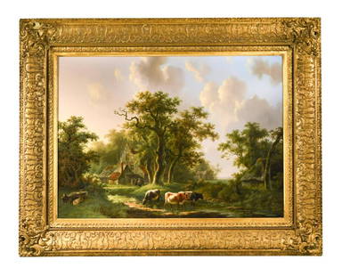 Willem de Klerk (1800-1876) Cattle watering in a stream signed 'W. de Klerk Dordt' (lower centre): Willem de Klerk (1800-1876) Cattle watering in a stream signed 'W. de Klerk Dordt' (lower centre) oil on panel 63 x 87cm 93 x 117cm framed