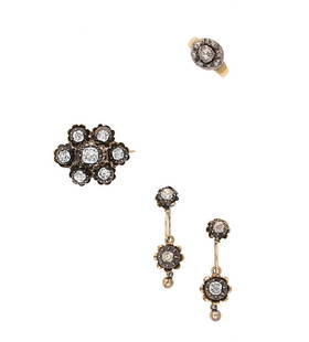 A 19th century diamond ring, together with a paste brooch and a pair of ear pendants,: A 19th century diamond ring, together with a paste brooch and a pair of ear pendants, the first, a ring with an oval shaped panel, set with a central pear shaped rose cut diamond, surrounded by eight