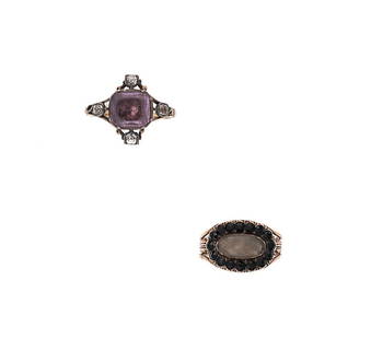 Two 19th century rings,: Two 19th century rings, the first, a mourning ring with an oval shaped panel containing a glazed compartment with neatly woven hair, surrounded by round faceted black stones, closed back setting with