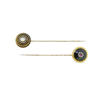 Two diamond set stick pins,: Two diamond set stick pins, the first, with a circular panel set with a central oval cabochon opal, surrounded by rose cut diamonds and black enamel, diameter 17mm, length 7.9cm, unmarked, tested as