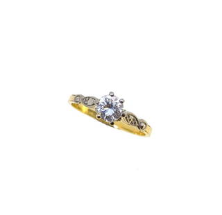 A diamond single stone ring,: A diamond single stone ring, claw set round brilliant cut diamond, approximate diameter 4.9mm, estimated approximate weight 0.45ct, diamond cut shoulders, 'D' shaped shank, size K, unhallmarked,