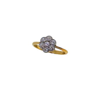 An early 20th century diamond cluster ring,: An early 20th century diamond cluster ring, seven old brilliant cut diamonds, estimated approximate total diamond weight 0.25ct, tapered shoulders, 'D' shaped shank, size K, unhallmarked, stamped