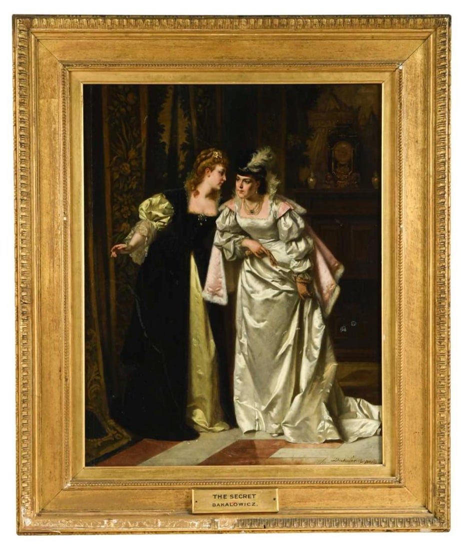 Ladislaus Bakalowicz (1833-1904): Ladislaus Bakalowicz (1833-1904) The Secret signed lower right 'Bakalowicz Paris' oil on panel 51 x 39cm The painting is executed in oil on a wooden panel support, formed from a single panel with a th