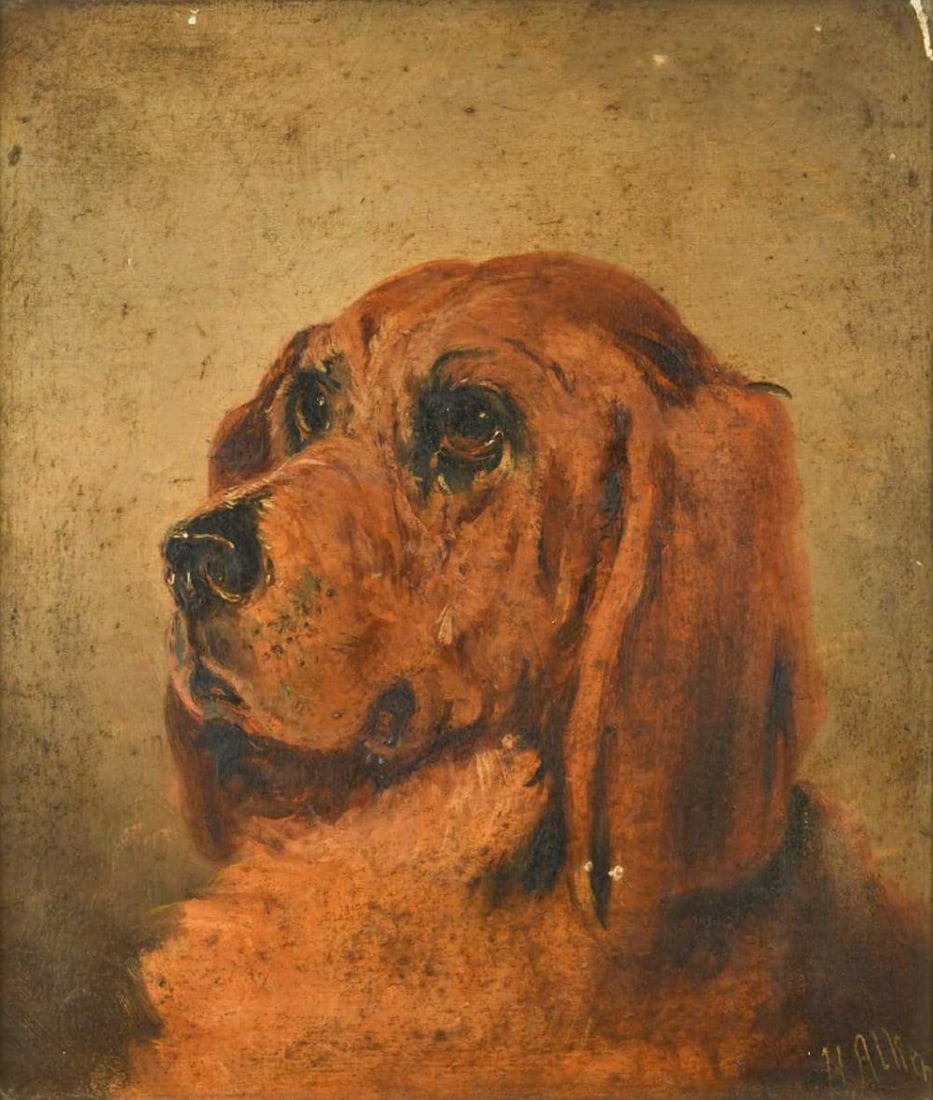 Attributed to Henry Thomas Alken (1785-1851): Attributed to Henry Thomas Alken (1785-1851) Study of a bloodhound signed or inscribed lower right 'H Alken' oil on panel 25 x 21.5cm; together with another study of a hound in a landscape in the mann