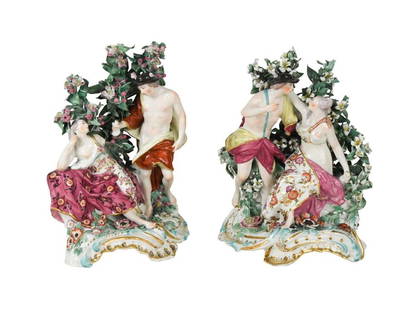 A pair of Chelsea figure bocage groups of Mercury and Venus, circa 1758 - 70,: A pair of Chelsea figure bocage groups of Mercury and Venus, circa 1758 - 70, she wears floral robes, he similar with winged hat, on rocaille pierced scroll bases, gold anchor marks 25cm and 25.5cm hi