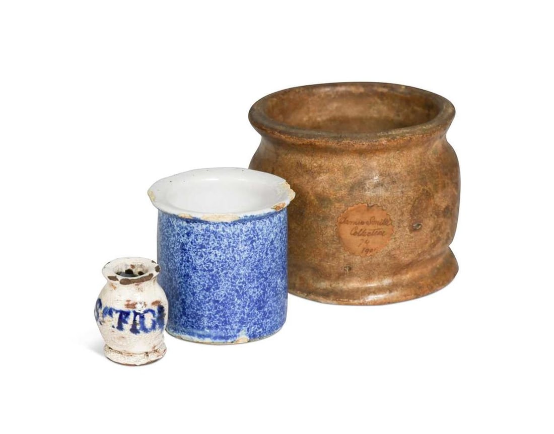 Three early drug or ointment pots,: Three early drug or ointment pots, comprising a 17th century earthenware jar with 'James Smith Collection' paper label, probably James Smith, Whitechapel, London, the number 74 likely refering to its