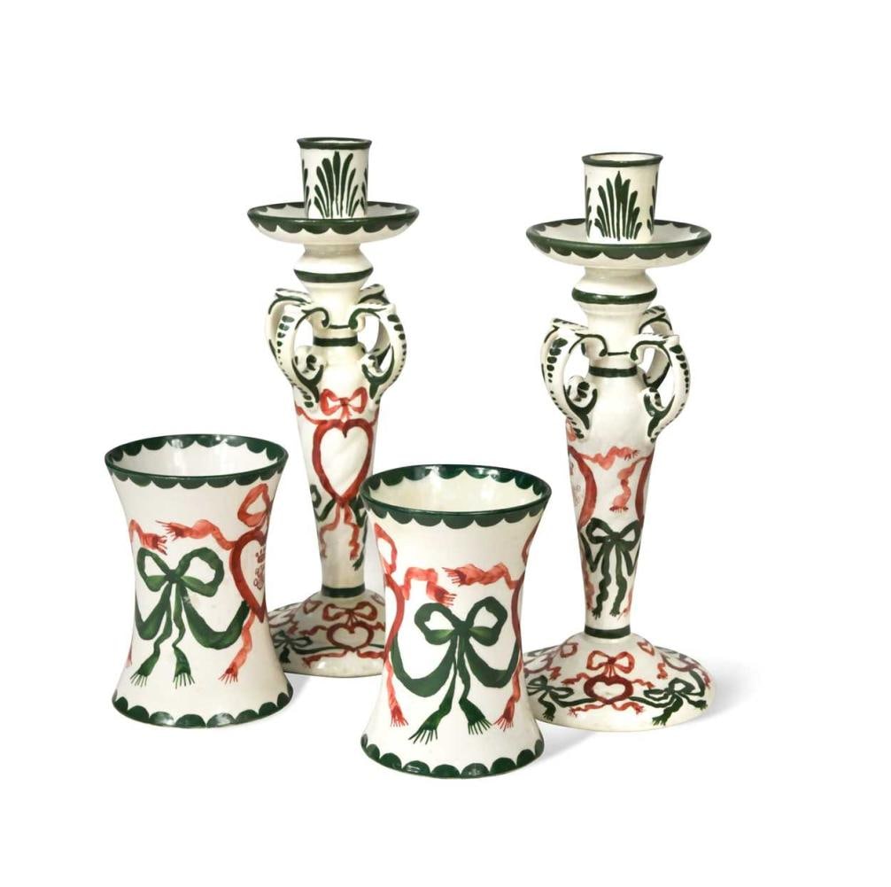 A pair of Wemyss 'Queensberry House' candlesticks and a pair of beakers, circa 1895, (1 of 9)