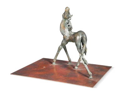 § Patrick O'Reilly (b. 1957), Prancing Foal,: § Patrick O'Reilly (b. 1957), Prancing Foal, a patinated and impressionistically modelled sculpture of a foal, mounted to integral bronze base, signed and numbered 1/1 to the tail 30 x 39 x 30cm,