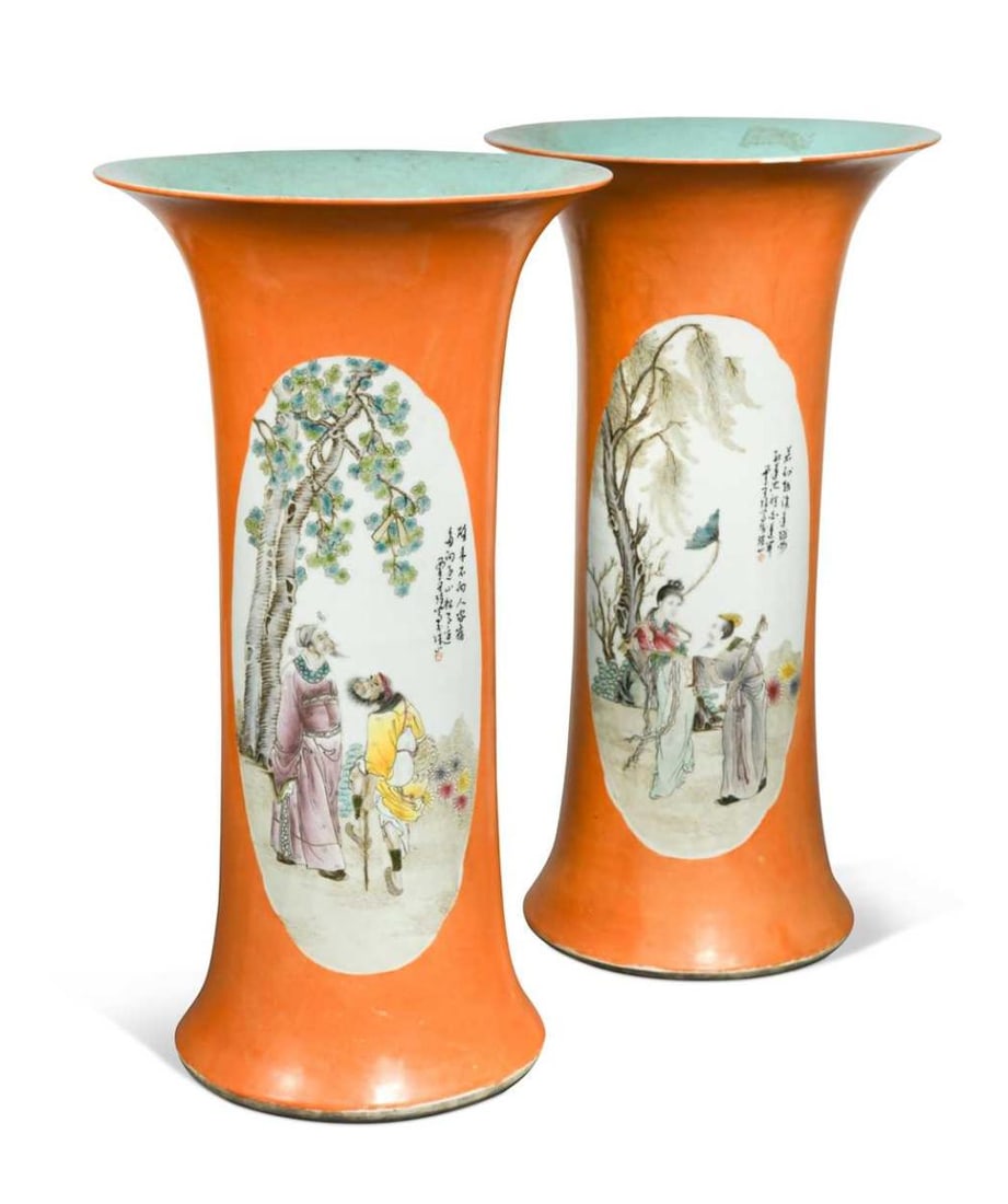 A pair of large Chinese porcelain cylindrical vases, Republic Period, (1 of 10)