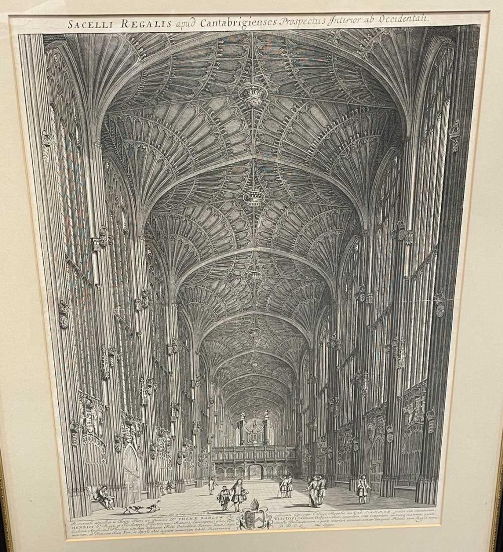 David Loggan: David Loggan Interior view of King's College Chapel, Cambridge, uncoloured engraving circa 1690, 48 x 36.5cm; Sidney Sussex College, later coloured engraving by E. Challis, printed for the University