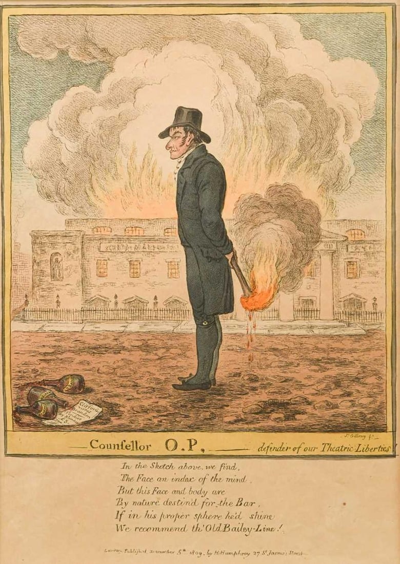 James Gillray: James Gillray Counsellor O.P., defender of our Theatric Liberties, hand coloured etching publ. Hannah Humphrey 1809, 34 x 24cm